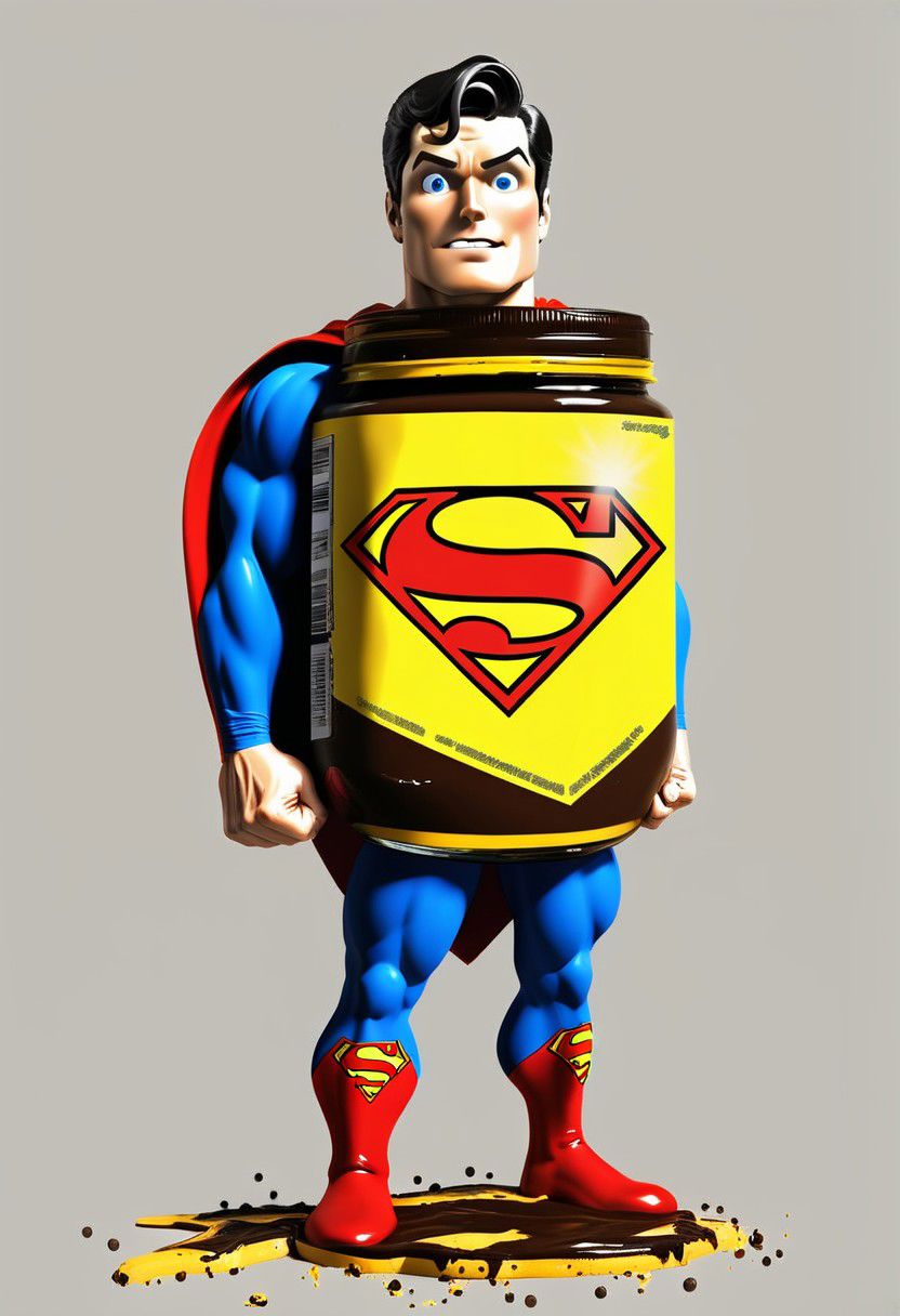 VegemiteArt, Superman standing in a vegemite jar, comic book art, digital art