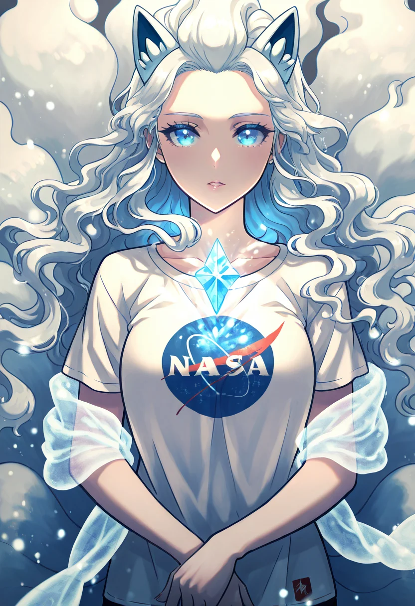 masterpiece, best quality, zzNinetalesA, 1girl, solo, long wavy hair, front bangs, white t-shirt, crystal shoulder brooches, semi-transparent shawl draped over arms, glowing snow particles, upper-body. Soft light reflects off the icy crystals fastened at her shoulders, catching in her long wavy hair as it drapes over the simple white tee. A translucent shawl shimmers faintly around her arms, animated by an unseen breeze. Her lips are slightly parted as she exhales in wonder, glowing snow particles drifting through the quiet air around her. N4S4, ,<lora:NASAShirtAnime_IXL_v1:1.0>, <lora:NinetalesAlolanPokedex_IXL_v1:0.8>,