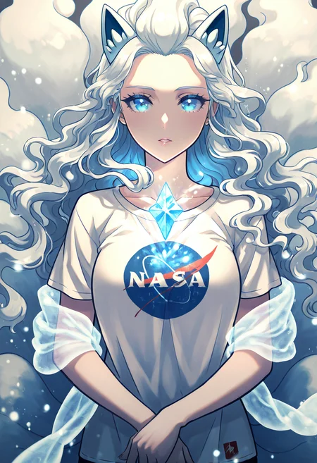 masterpiece, best quality, zzNinetalesA, 1girl, solo, long wavy hair, front bangs, white t-shirt, crystal shoulder brooches, semi-transparent shawl draped over arms, glowing snow particles, upper-body. Soft light reflects off the icy crystals fastened at her shoulders, catching in her long wavy hair as it drapes over the simple white tee. A translucent shawl shimmers faintly around her arms, animated by an unseen breeze. Her lips are slightly parted as she exhales in wonder, glowing snow particles drifting through the quiet air around her. N4S4, ,<lora:NASAShirtAnime_IXL_v1:1.0>, <lora:NinetalesAlolanPokedex_IXL_v1:0.8>,