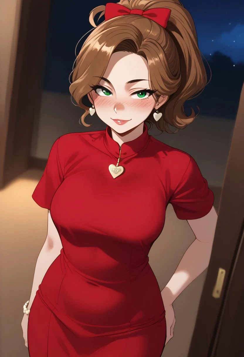 <lora:ratatatat74_style_pdxl_goofy:1>, 1girl, solo, score_7_up, mature mother, caramel hair, ponytail hair, green eyes, tanline, (flirty expression:1.2), depth of field, (valentines costume), night valentines setting, dutch angle, ht_sanjimerisa, sfw, safe for work