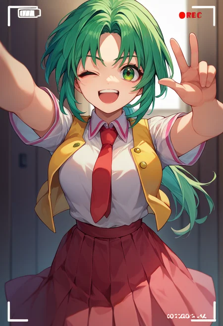 score_9, score_8_up, score_7_up, source anime , 1girl, camera frame <lora:Camera frame-000013:1> <lora:MionCAME2:1> Mion Sonozaki, green eyes, ponytail, green hair, white shirt, red necktie, yellow vest, red skirt, one eye closed, v,