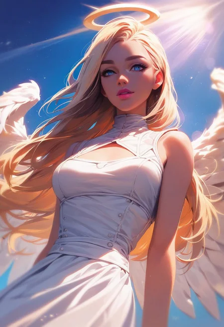 score_9, score_8_up, score_7_up, score_6_up, 1girl, angel, radiant skin, medium breasts, white top, white skirt, angel wings, halo, visible belly, pink lipstick, seducing look, upper body, dynamic angle, detailed, heavenly background, blue sky, yellow sun, god rays, lens flare