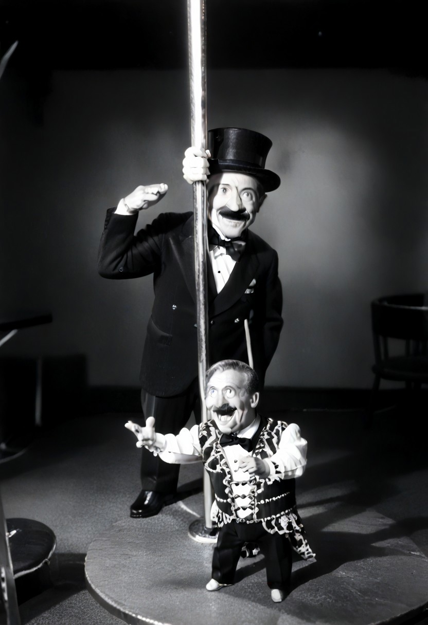 (((black and white, monochrome, greyscale))),((pole dancing, fully clothed, small man with mustache, top hat, kenbis, chibi, chibi, male only, dancing, male, male chibi, monocle, art deco, thick mustache, comically large mustache, handlebar mustache, tiny, multiple men, shrunk, microxl, some little guys)), bwMovies, realistic, photo, vintage photo, ((very small man, small man, a small man, a man who is small, a small man)) suit, an unapologetically small human male, black and white, smiling, very happy, euphoric, ecstatic, wonderful small men, large smile, huge smile, muscular, muscles, indoors, cinema, movie theater, detailed background