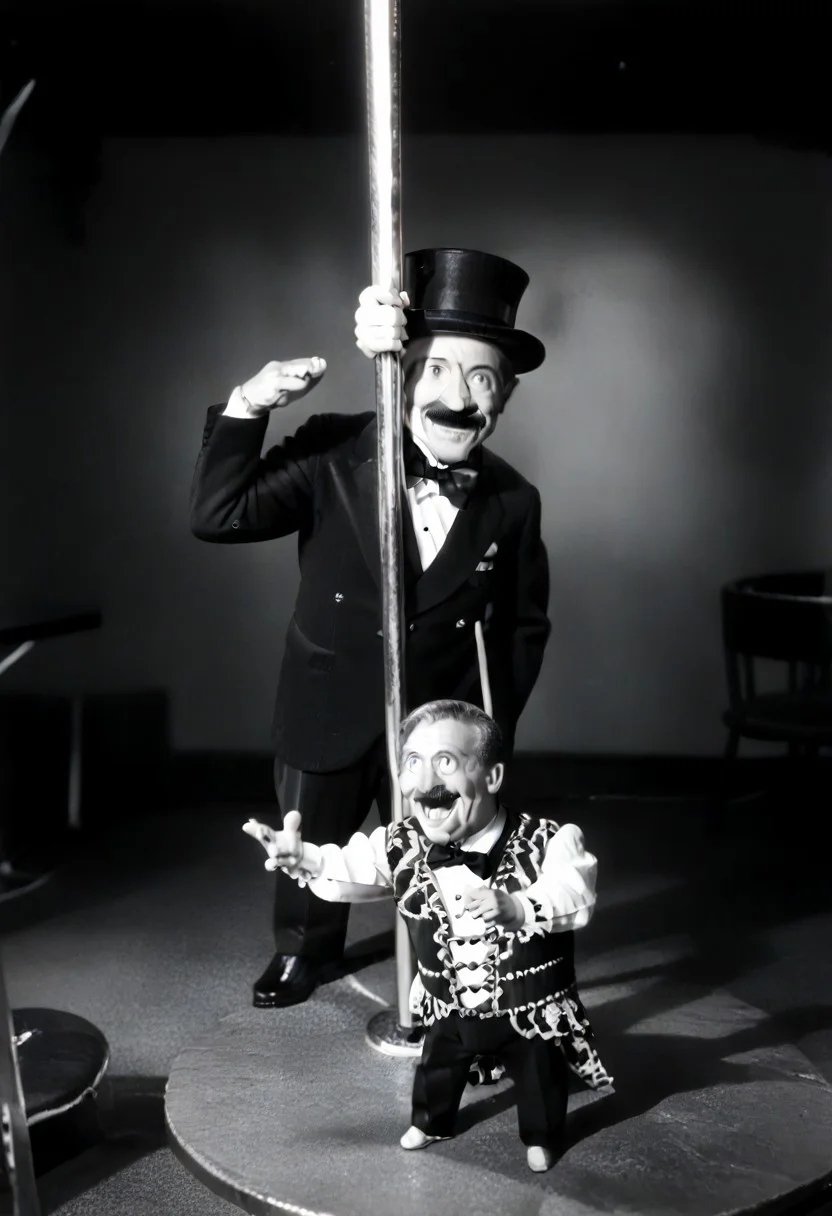 (((black and white, monochrome, greyscale))),((pole dancing, fully clothed, small man with mustache, top hat, kenbis, chibi, chibi, male only, dancing, male, male chibi, monocle, art deco, thick mustache, comically large mustache, handlebar mustache, tiny, multiple men, shrunk, microxl, some little guys)), bwMovies, realistic, photo, vintage photo, ((very small man, small man, a small man, a man who is small, a small man)) suit, an unapologetically small human male, black and white, smiling, very happy, euphoric, ecstatic, wonderful small men, large smile, huge smile, muscular, muscles, indoors, cinema, movie theater, detailed background