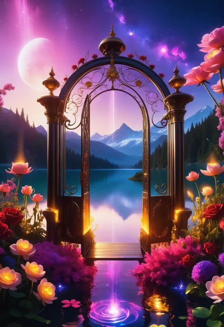 sunrise shines,landscape of a reij-ebsu gate,retro sci fi steampunk, fire <lora:ebony sunset-000001:1>, empty place, the gate surrounded by flowers is made of pam-flwr <lora:SDXL_FLOWER_STYLE:0.9>, a reij-mg outdoor room, neon light <lora:reij-moderngothic:0.8>, landscape of a Dreamlike (Celestial Lake of the Starry Reflections:1.3) , inside a Snazzy water, Snowy, Indirect light, Light sparkles, 64K, cyberpunk, striking, stunning, illustrious, glowing