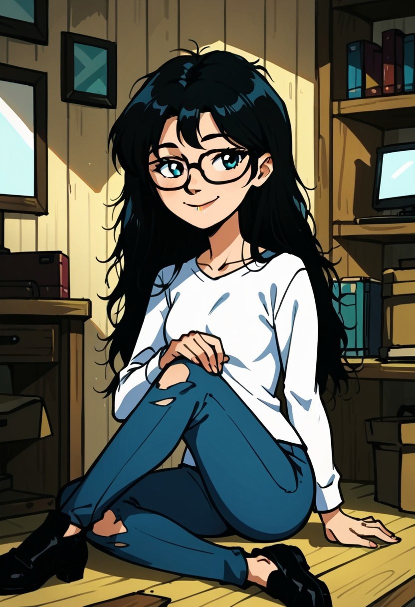 score_9, score_8_up, score_7_up, score_6_up, score_5_up, source_anime, retro_artstyle, anime_coloring, Expressiveh
indoors, computer room, computers, wires, dirty walls, bookshelves, messy background, detailed background, boxes, smiling, sitting, legs crossed
SBKassandra , 1girl, solo, black hair, long hair, glasses, black-framed eyewear, white shirt, long sleeves, blue pants, torn pants, black footwear