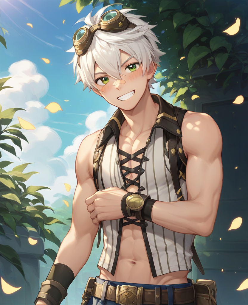 score_9,score_8_up,score_7_up,[[[bara,yaoi_1.4]]],genre_ hentai yaoi,
<lora:ç­å°¼ç¹-bennett_genshin_impact:0.7>,1boy,bandaid,bandaid on face,bandaid on nose,bangs,belt,blush,goggles,goggles on head,green eyes,grin,hair between eyes,looking at viewer,male focus,navel,open mouth,outdoors,petals,shirt,short hair,sleeveless,smile,solo,upper body,white hair,