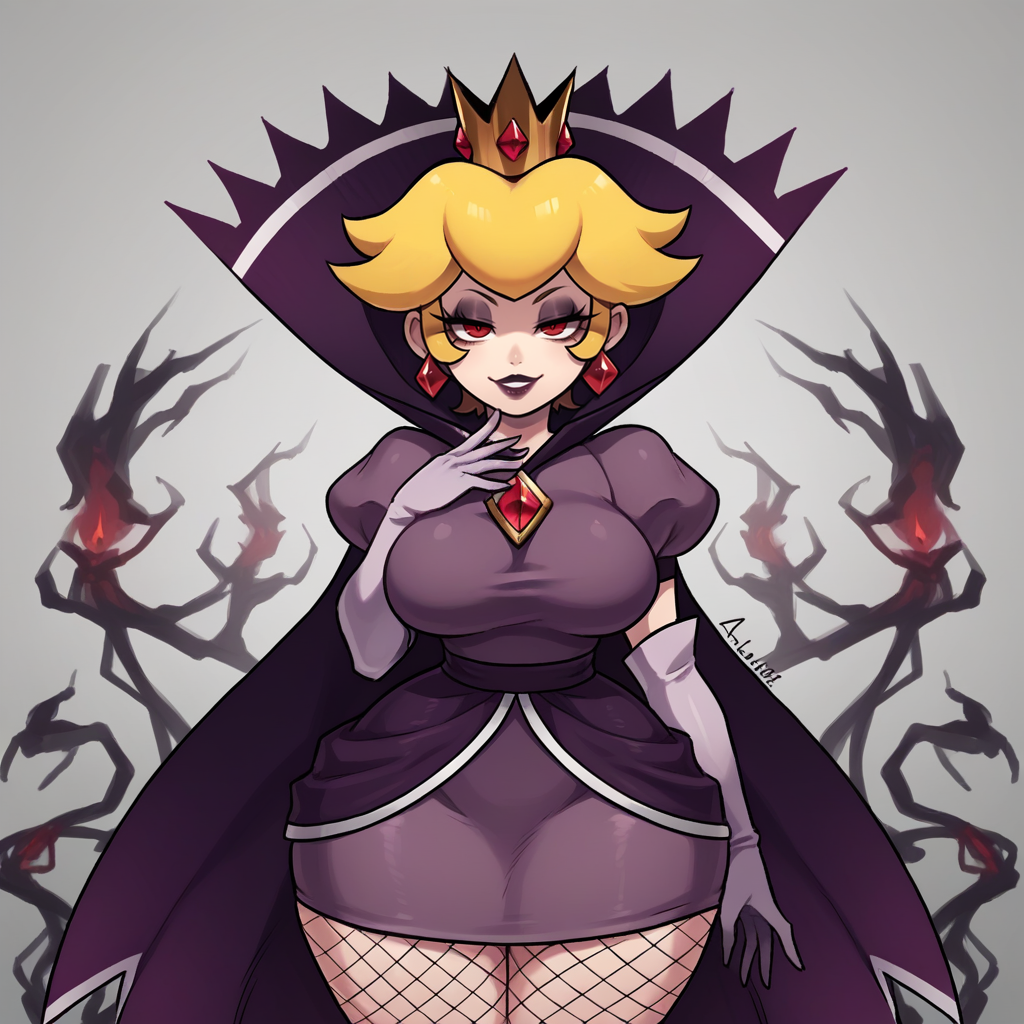 score_9, score_8_up, score_7_up, score_6_up, score_5_up, score_4_up, zPDXL2,source_anime,rating_questionable,  <lora:Shadow_Queen_Peach:0.8> sh4dp3ach, princess peach, blonde hair, short hair,red eyes,purple dress, puffy short sleeves, white gloves, cape, jewelry, goth, fishnets, standing,  evil smile, half-lidded eyes,