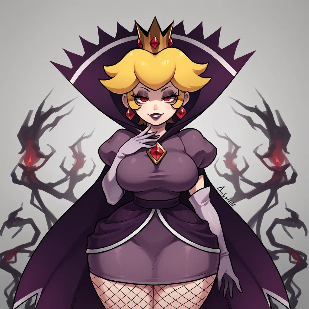 score_9, score_8_up, score_7_up, score_6_up, score_5_up, score_4_up, zPDXL2,source_anime,rating_questionable, <lora:Shadow_Queen_Peach:0.8> sh4dp3ach, princess peach, blonde hair, short hair,red eyes,purple dress, puffy short sleeves, white gloves, cape, jewelry, goth, fishnets, standing, evil smile, half-lidded eyes,
