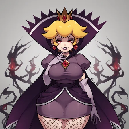 score_9, score_8_up, score_7_up, score_6_up, score_5_up, score_4_up, zPDXL2,source_anime,rating_questionable, <lora:Shadow_Queen_Peach:0.8> sh4dp3ach, princess peach, blonde hair, short hair,red eyes,purple dress, puffy short sleeves, white gloves, cape, jewelry, goth, fishnets, standing, evil smile, half-lidded eyes,