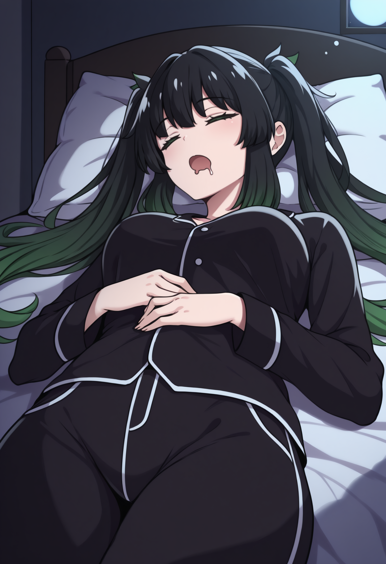 masterpiece, best quality, solo, 1girl, lying, on bed, on back, drooling, saliva, sleeping, hand on own stomach, long hair, gradient hair, black hair, green hair, twintails, closed eyes, black pajamas, black shirt, long sleeves, black pants, indoors, night, moonlight, pillow
<segment:yolo-Anzhc Face seg 640 v2 y8n.pt,0.4,0.5//cid=1>