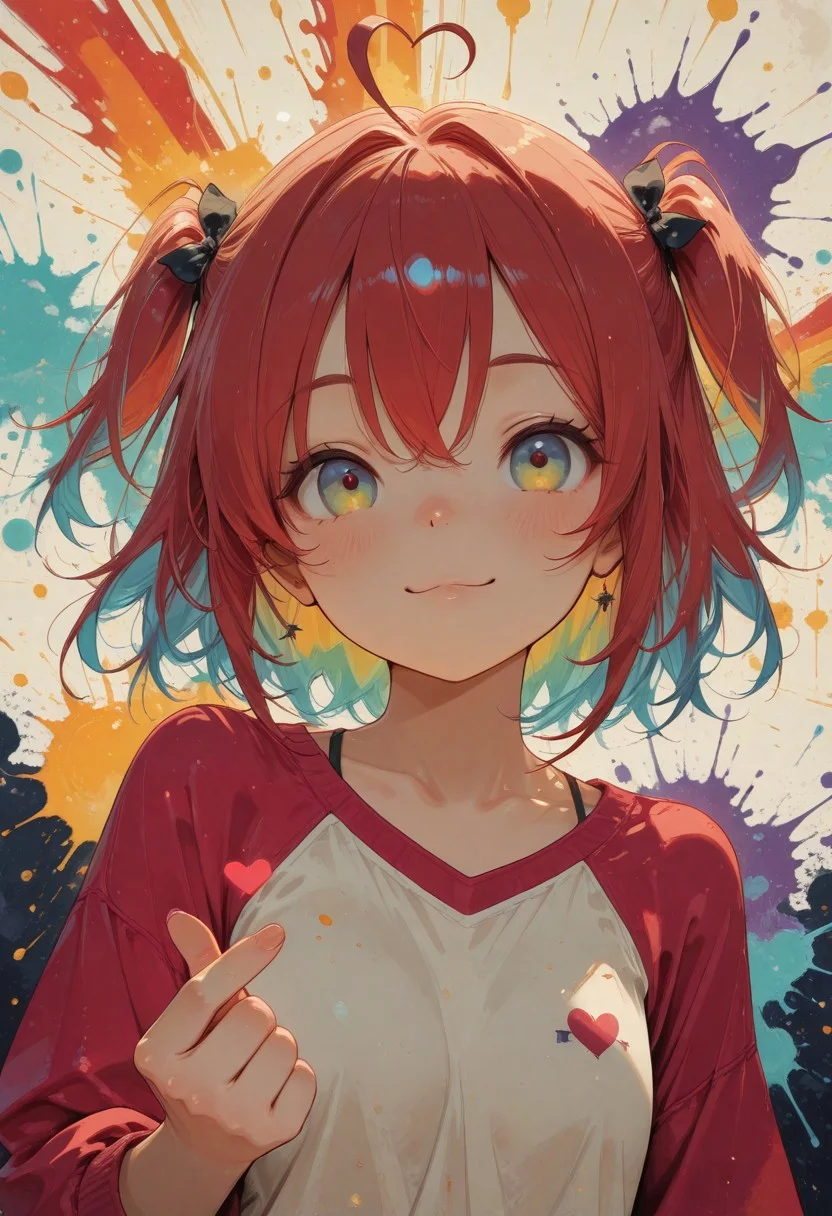 realistic, bright natural light, high contrast,
1girl,
masterpiece, best quality, amazing quality, very aesthetic, absurdres, hyper-detailed, 8k uhd, absolutely eye-catching, ambient occlusion, raytracing, score_9, score_8_up, score_7_up,
(multicolored eyes, multicolored hair,
multicolored_clothes, raglan sleeves;1.4), heart ahoge, two-side up, blue hair, red hair, yellow hair,
finger heart, happy, (laugh), close-up, dutch angle, face, (foreshortening),
(rainbow sunburst background:1.2), clear composition, (paint splatter:1.2),
warm ambient lighting, soft shadows, volumetric lighting,