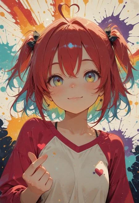 realistic, bright natural light, high contrast,
1girl,
masterpiece, best quality, amazing quality, very aesthetic, absurdres, hyper-detailed, 8k uhd, absolutely eye-catching,  ambient occlusion, raytracing, score_9, score_8_up, score_7_up,
(multicolored eyes, multicolored hair,
multicolored_clothes, raglan sleeves;1.4), heart ahoge, two-side up, blue hair, red hair, yellow hair,
finger heart, happy, (laugh), close-up, dutch angle, face, (foreshortening),
(rainbow sunburst background:1.2), clear composition, (paint splatter:1.2),
warm ambient lighting, soft shadows, volumetric lighting,