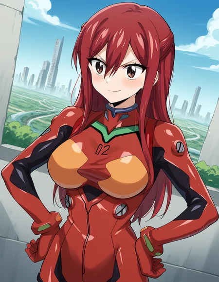 score_9, score_8_up, score_7_up, source_anime, <lora:erza-scarlet-100yq-ponyxl-lora-nochekaiser:1>, erza scarlet, long hair, red hair, hair between eyes, brown eyes, large breasts,, <lora:souryuu-asuka-langley-cosplay-ponyxl-lora-nochekaiser:1>, souryuuasukalangleycosplay, souryuu asuka langley (cosplay), bodysuit, pilot suit, plugsuit, red bodysuit, interface headset,, cityscape, smile, blush, hands on hips,, , dutch angle,