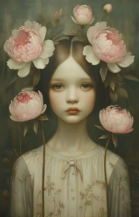 masterpiece,best quality,<lora:tbh278-sdxl:0.9>,illustration,style of Stephen Mackey, decaying peonies