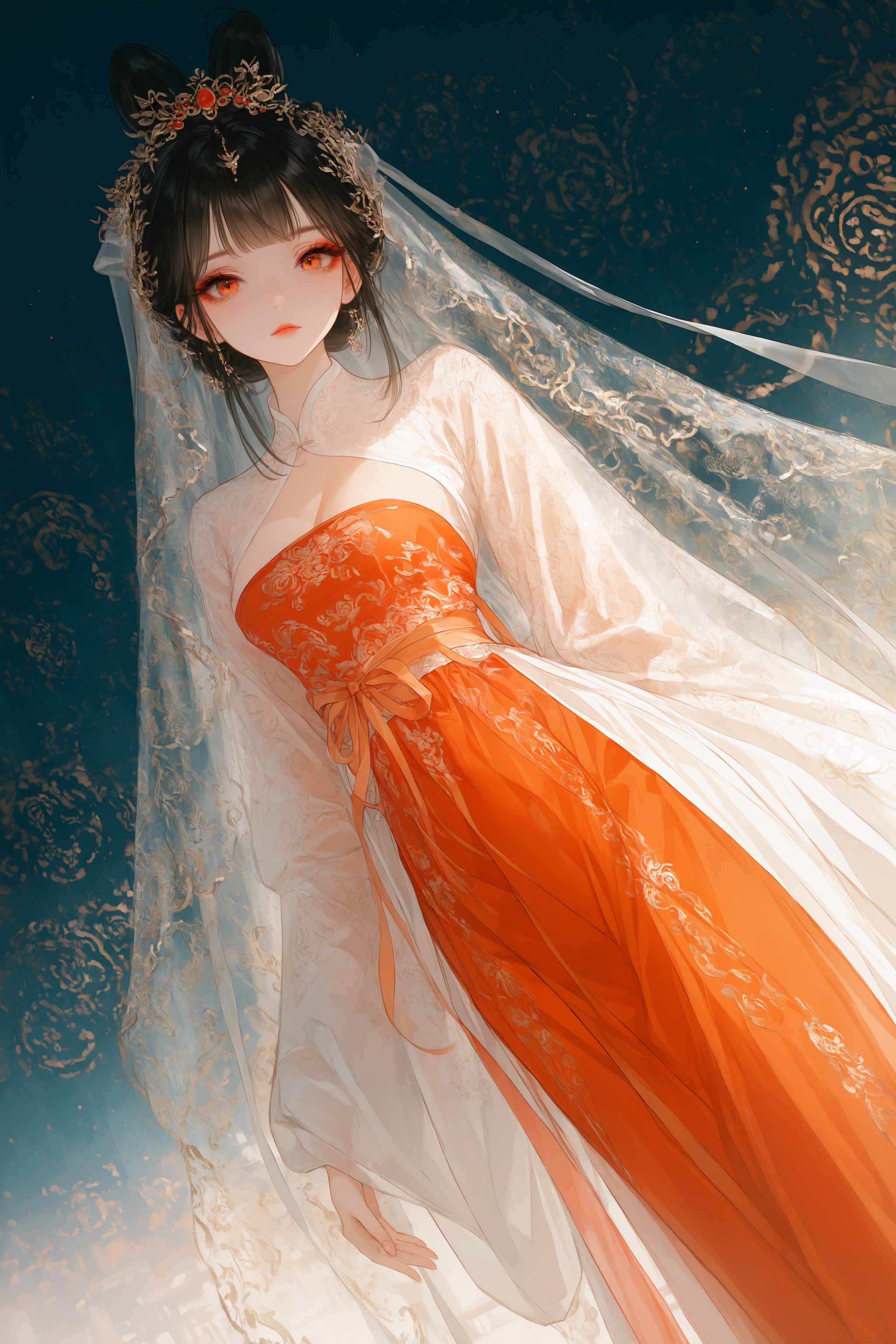 masterpiece, best quality, newest, absurdres, 
Dutch Angle, a Hanfu Bride, her elegant silhouette outlined against the dark night sky., BREAK Her delicate red hanfu, embroidered with intricate patterns, looking_at_viewer, <lora:ponyv4_noob1_2_adamW-000017:0.7000000000000001> <lora:USNR_STYLE_XL_lokr:0.6>