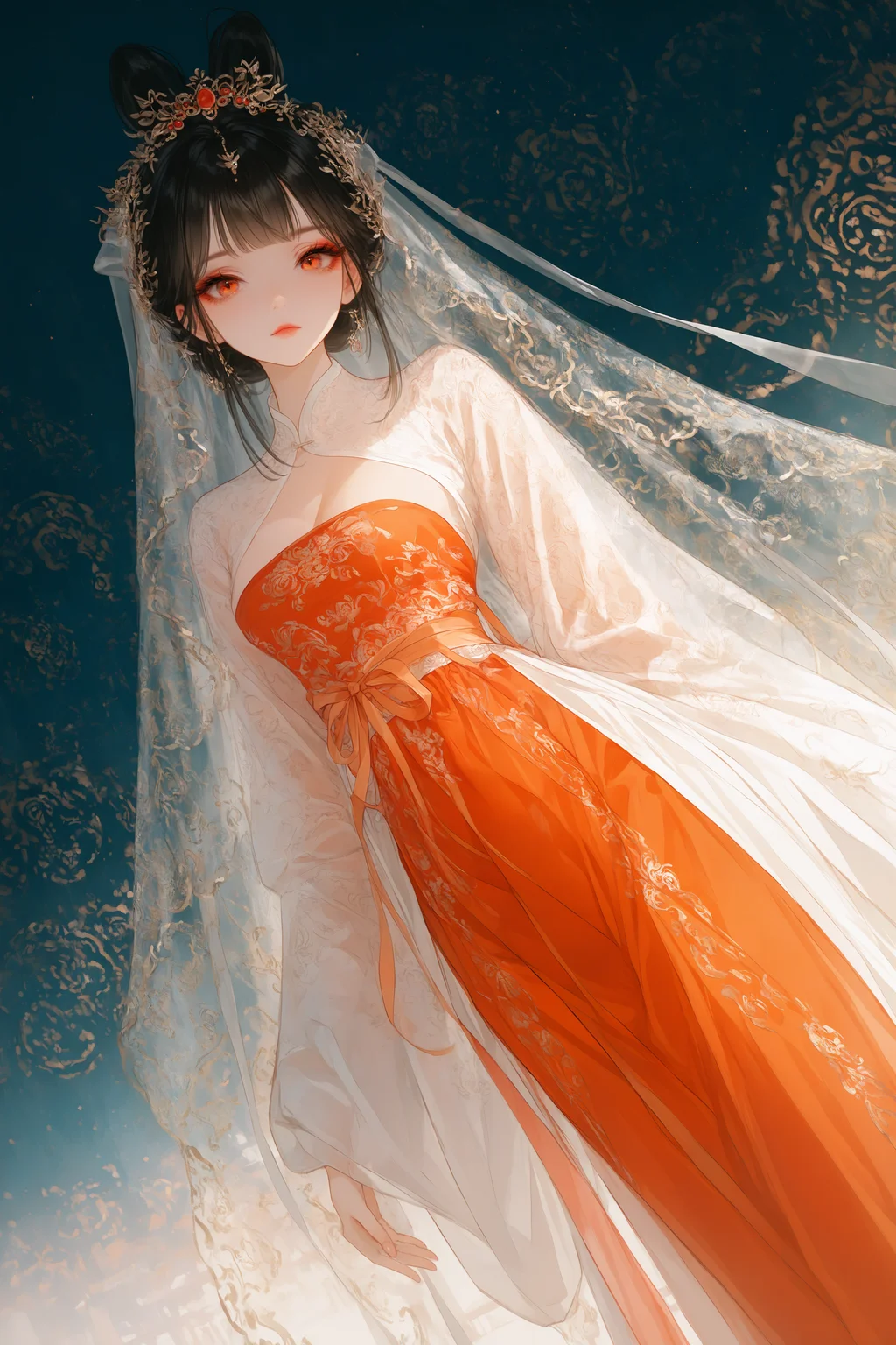 masterpiece, best quality, newest, absurdres,
Dutch Angle, a Hanfu Bride, her elegant silhouette outlined against the dark night sky., BREAK Her delicate red hanfu, embroidered with intricate patterns, looking_at_viewer, <lora:ponyv4_noob1_2_adamW-000017:0.7000000000000001> <lora:USNR_STYLE_XL_lokr:0.6>