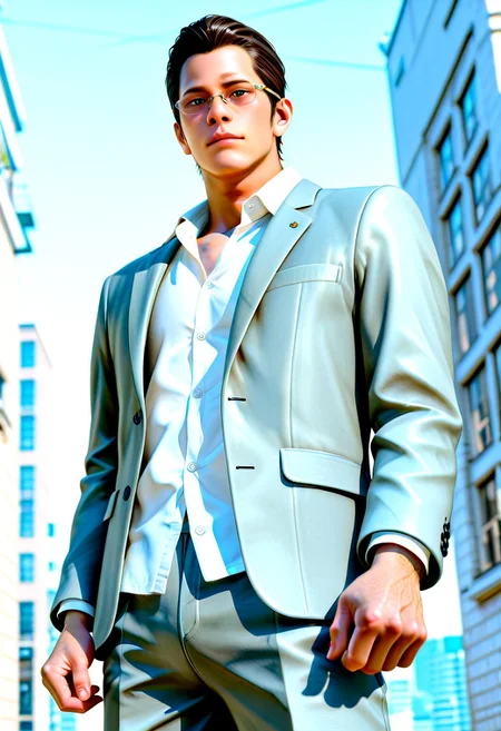 perfect anatomy, perfect proportions, best quality, masterpiece, high_resolution, high quality, best aesthetic, incredibly absurdres, highres, extremely detailed, huge filesize, ( bara, solo male, male focus, adult, mature, masculine, manly, rugged:1.4), handsome, charming, alluring, standing, upper body, dutch angle, cowboy shot, (perfect face, detailed face, photorealistic, realistic:1.4), source_game \(Judgment\), official style \(Judgment\), Toru Higash, YKZToru, dark brown hair, short hair, black hair, short hair, slicked back hair, YKZToru_outfit02, clear prescription glasses, light grey suit, white button-up shirt, lapel collar shirt, light grey jacket, light grey pants, oxblood cap-toe oxfords, outdoors, neon, city, low angle, from below, depth of field,