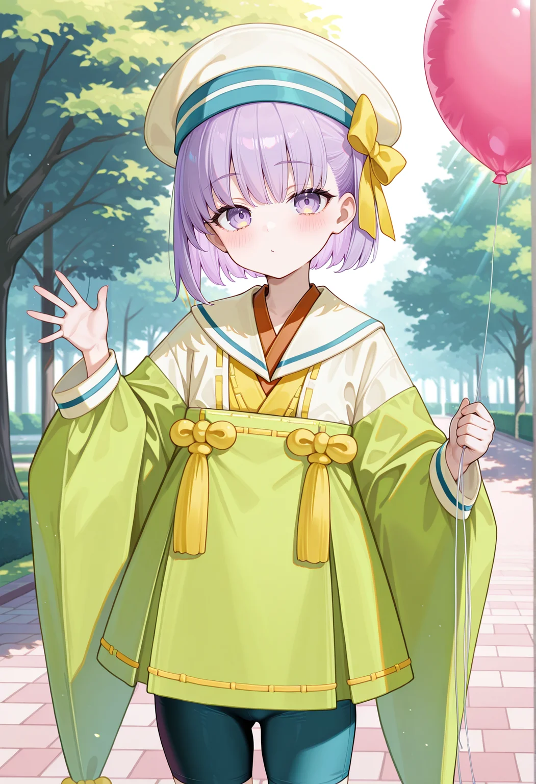 1girl, solo, holding balloon, outdoors, park, sunlight, waving, short hair, purple hair, purple eyes, ribbon, sailor collar, japanese clothes, long sleeves, wide sleeves, beret, bike shorts <lora:Kazuradrop_Illus:1>, masterpiece, best quality, amazing quality, very aesthetic, absurdres, highres, newest