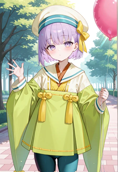 1girl, solo, holding balloon, outdoors, park, sunlight, waving, short hair, purple hair, purple eyes, ribbon, sailor collar, japanese clothes, long sleeves, wide sleeves, beret, bike shorts <lora:Kazuradrop_Illus:1>, masterpiece, best quality, amazing quality, very aesthetic, absurdres, highres, newest