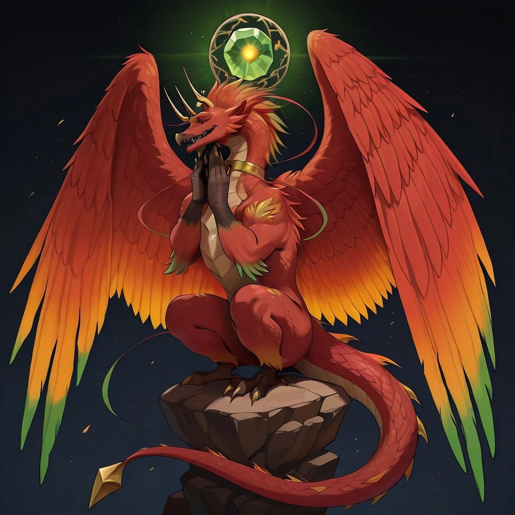 f33lsg00d, hands on own face, closed eyes, parted lips, light smile,, Yharon, golden horns, tail, dragon, bird, claws, no human, 4 eyes, feathered wings, talons, sharp teeth, intricate wing details, red and gold scales, glowing emerald eyes, large fiery wings with orange and green feathers