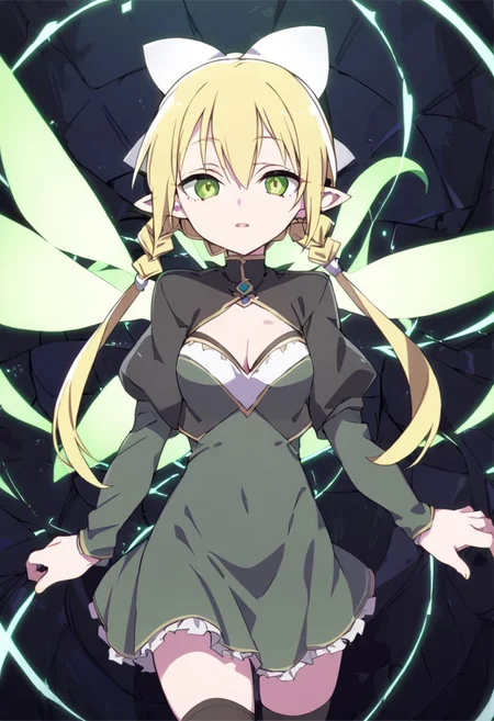 1girl,leafa, teeth, lips, thin lips, solo, looking at viewer, open mouth, upper body, masterpiece, best quality, very aesthetic
(Darken)
(masterpiece, best quality), solo,1girl, long hair, blonde hair, hair between eyes, green eyes, ponytail, braid, pointy ears, twin braids, thighhighs, cleavage, wings, green dress, fairy wings, fairy, multiple wings, spread wings, energy wings, glowing wings, green wings, 
(no black stroke)