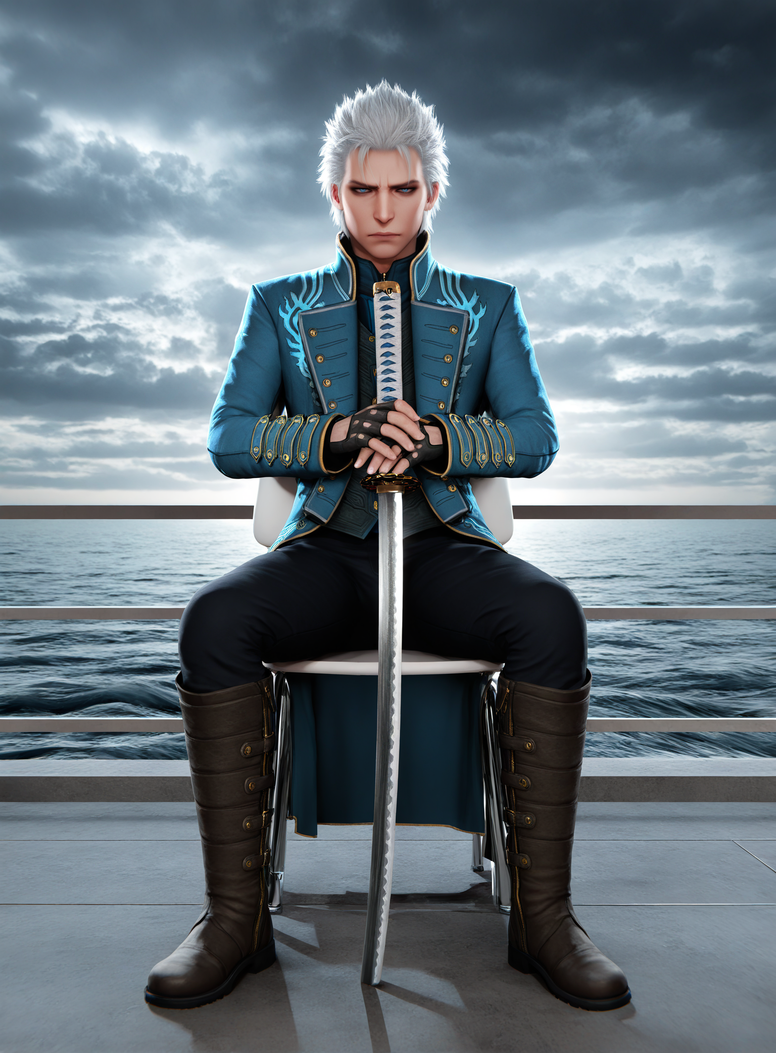 masterpiece, good quality, best quality, shadow,  bloom, 3d,
1boy, vergil \(devil may cry\), solo,
vergil \(devil may cry\), devil may cry \(series\),
blue eyes, white hair, short hair, hair slicked back, fingerless gloves, blue coat, black gloves, boots, black vest, black shirt, black pants, 
sitting, monobloc \(chair\), vergil's chair \(meme\), white chair, disposable chair, plastic deck chair,
looking at viewer, kubrick stare, half-closed eyes, 
katana, yamato \(sword\), holding sword, planted sword, hands on sword,
outdoors, wind, ocean, tidal wave, ground, tornado, twilight, dark, dark clouds, 
<lora:3DStyle NoobAIXL VPRED V2 noActTag:1> 5 fingers, big fingers,