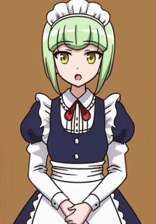 <lora:Francesca:0.8>, Francesca, 1girl, solo, looking at viewer, open mouth, bangs, long sleeves, ribbon, puffy sleeves, :o, apron, maid, maid headdress, neck ribbon, maid apron, v arms