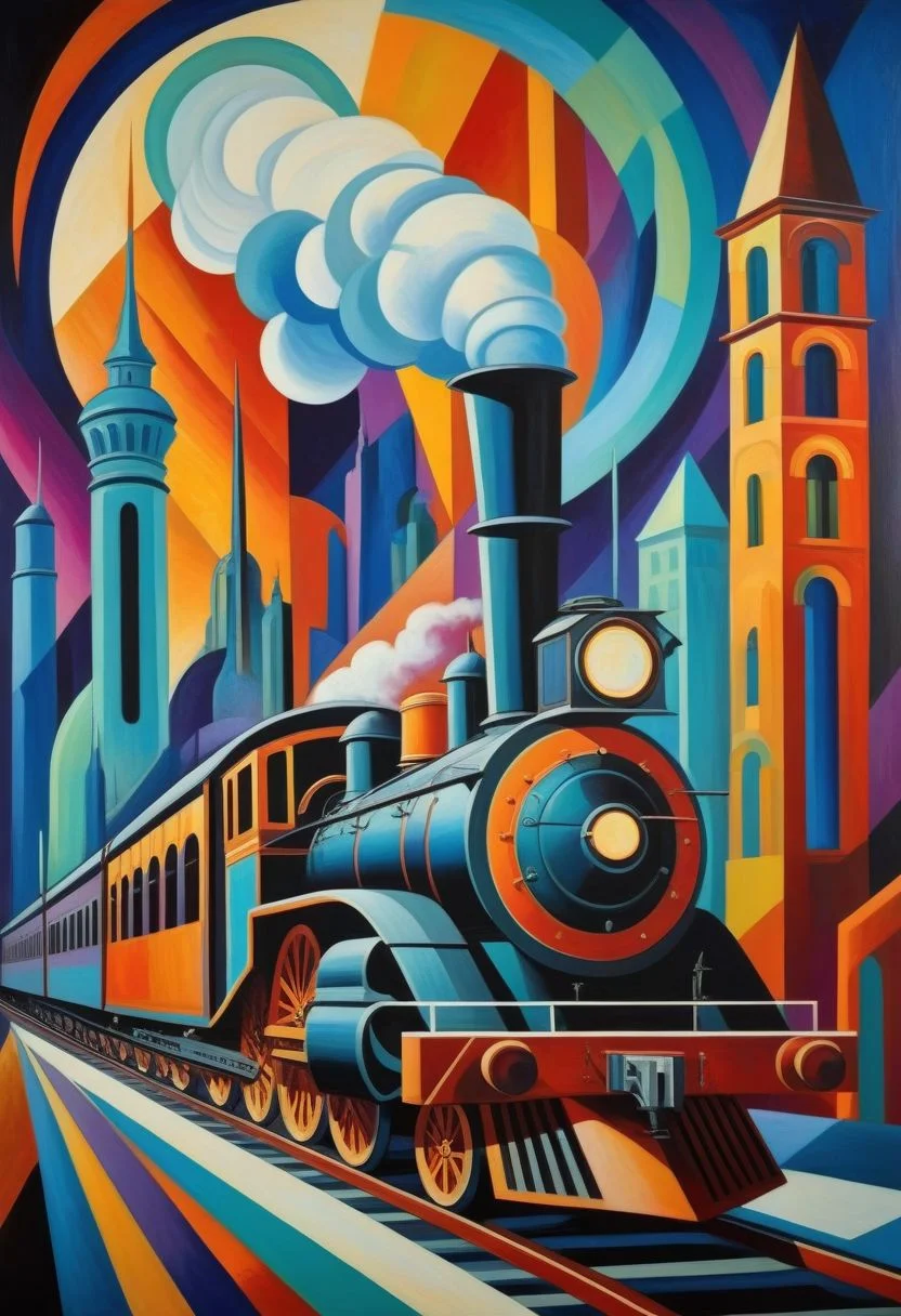 A Natalia Goncharova Style painting, an ancient steam locomotive crossing a futuristic city , a masterpiece of bold colors and geometrical shapes in the signature style of Natalia Goncharova