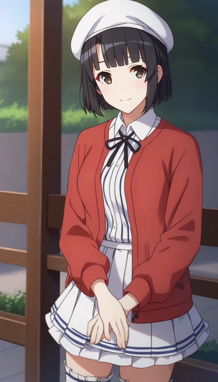 score_9,score_8_up,masterpiece,best quality,correct anatomy,anime_source,1girl,solo,perfect eyes,perfect arms,perfect legs,perfect face,outdoors,upper body,(portrait:1.5),looking at viewer,facing viewer,smile,blush,Kato Megumi,beret,white headwear,short hair,black hair,blunt bangs,brown eyes,red jacket,neck ribbon,black ribbon,white shirt,vertical-striped shirt,miniskirt,white skirt,pleated skirt,frilled skirt,zettai ryouiki,frilled thighhighs,white thighhighs,red footwear,<lora:Kato Megumi(shns)-Pony:1.8>,
