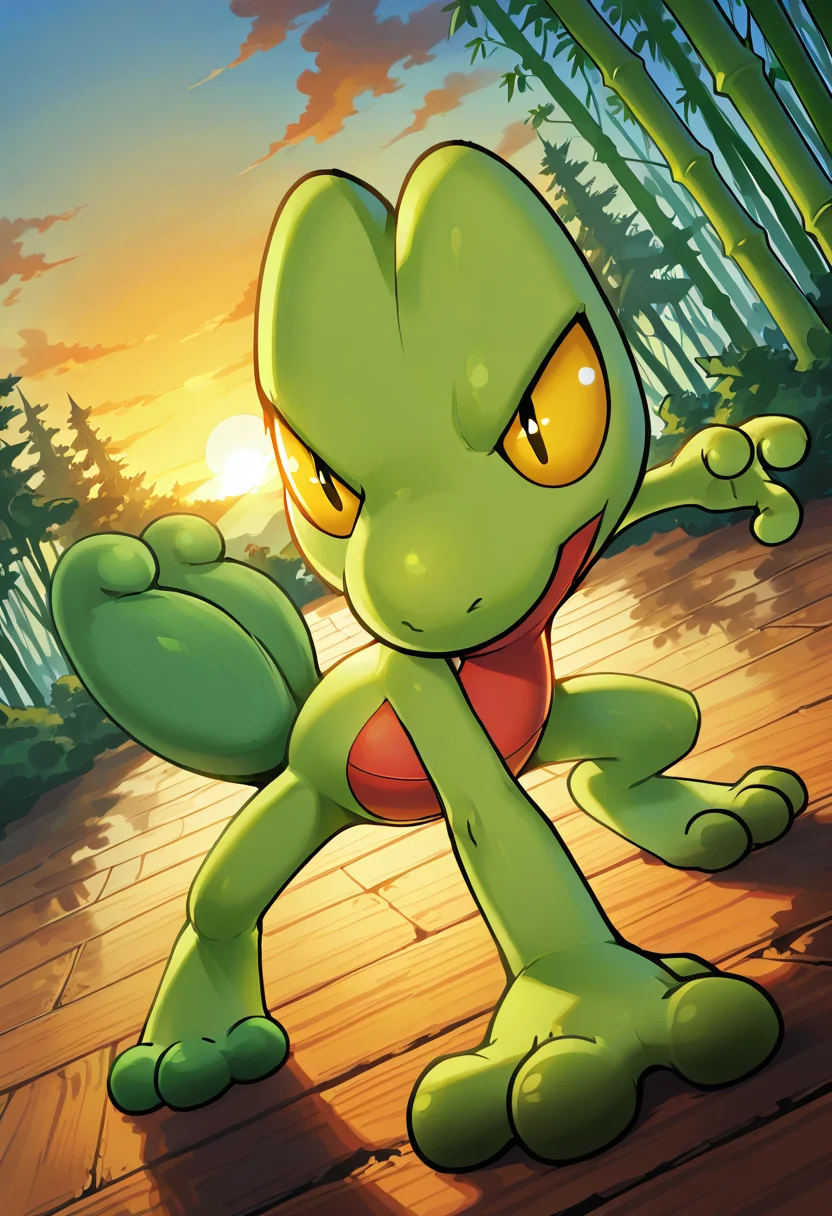 masterpiece, best quality, no humans, zzTreecko, bamboo forest, leaping mid-air, top-down perspective, motion blur, sunrise, dramatic lighting, focused expression â Treecko bursts upward through swaying bamboo, captured mid-leap in a blur of motion. From above, its streamlined form cuts through shafts of golden morning light, casting long shadows across the forest floor. Its gaze is fixed forward, determined and unshaken. , ,<lora:TreeckoPokedex_IXL:1.0>,