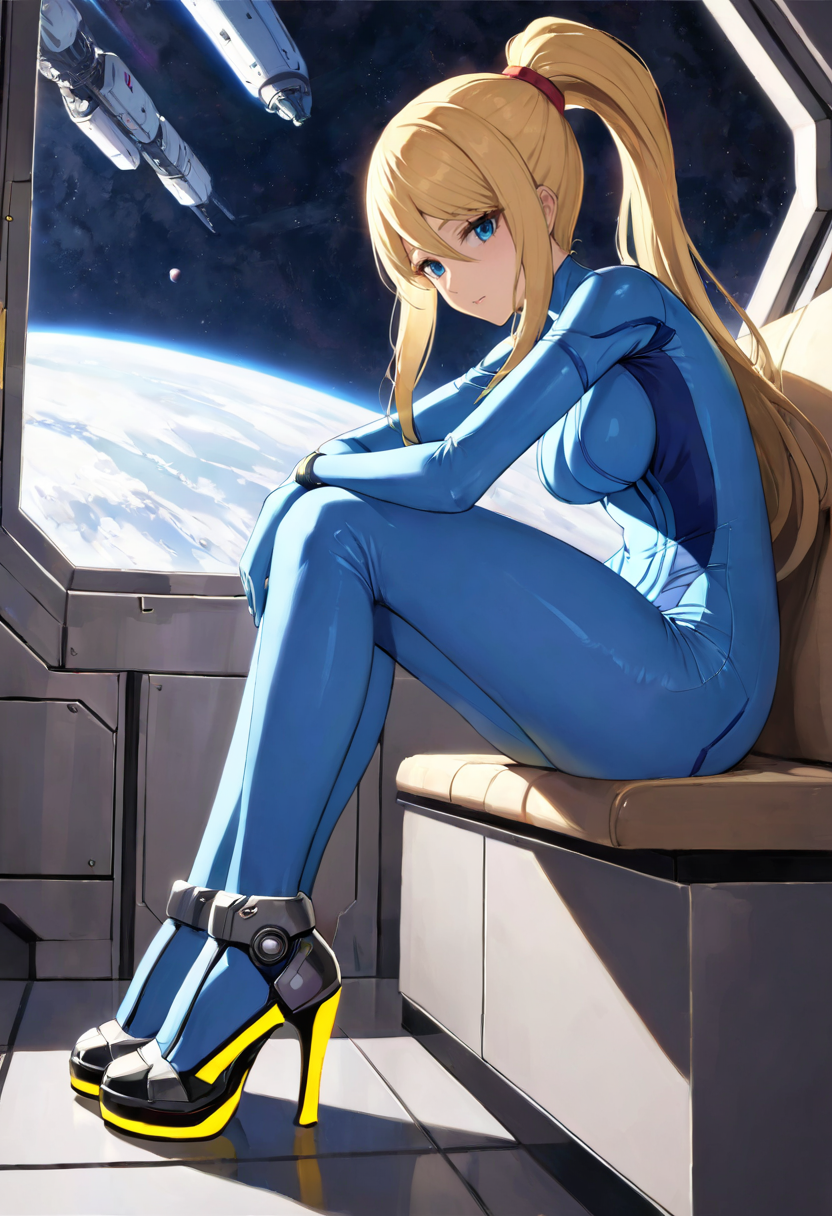 masterpiece, best quality, 1girl <lora:samus-xl-nvwls-v1-000007:1> defsamus, blonde hair, bodysuit, blue clothes, high heels, sitting, from side, hugging own legs, looking at viewer, indoors, space station, confused, blue pants