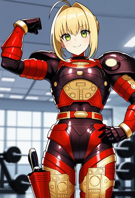 1girl, solo, R3ddle, armor, bodysuit, shoulder pad, gloves, belt, holster, shiny clothes, nero claudius (fate), blonde hair, green eyes, flexing, looking at veiwer, smile, cowboyshot,
indoors, gym,
best quality, very aesthetic, masterpiece,