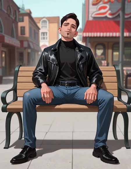masterpiece, best quality, absurdres, newest, perfect quality, best quality, male focus, solo, 2d, cartoon, <lora:The Iron Giant - Dean McCoppin - Illustrious:0.7>, dmccoppin, 1boy, black hair, short hair, stubble, goatee, brown eyes, head tilt, looking at viewer, contrapposto, black turtleneck, jeans, black belt, black shoes, outdoors, town, buildings, shops, diner, black jacket, sitting, on bench