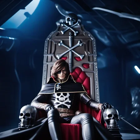 cinematic photo a man, cape, brown hair, black gloves, scar on face, skull and crossbones, sword, throne in a spaceship<lora:Albator1024_r1:0.8> . 35mm photograph, film, bokeh, professional, 4k, highly detailed