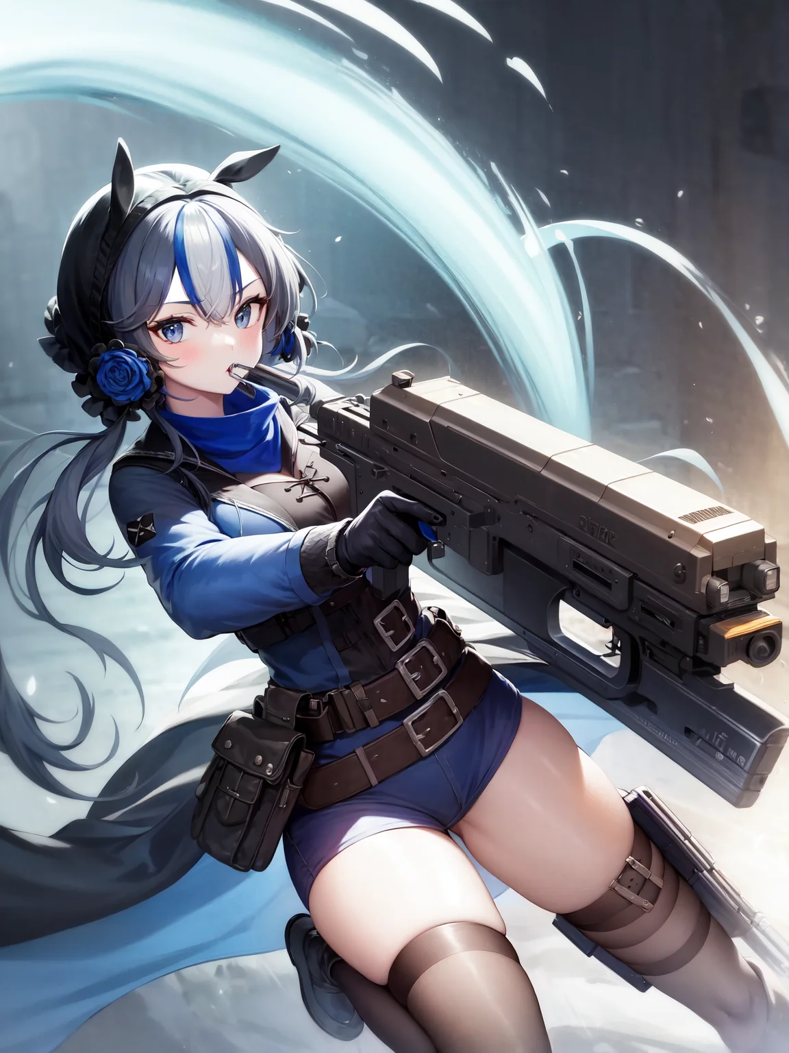 masterpiece, best quality, 1girl, solo, <lora:gla-000001:1>, holding gun, big gun, dynamic pose, dynamic angle, effect,