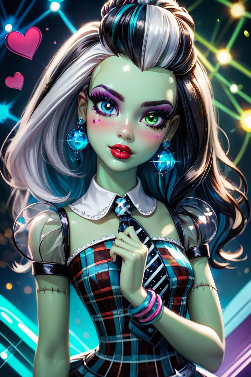 score_9, score_8_up, score_8, medium breasts, (curvy), cute, eyelashes,       BREAK, , zzFrankie, heterochromia, blue eyes, green eyes, multicolored hair, aqua skin, streaked hair, black hair, white hair, long hair,  stitches,  jewelry, earrings, makeup, lipstick, plaid dress, skirt, bracelet, <lora:Frankie_MH_PDXL:1.0>, , BREAK,  (ultra realistic,32k, masterpiece:1.2),(high detailed skin:1.1),( high quality:1.1), curvy, head tilt, hearts, blush, lips, closed mouth, curvy, head tilt, shiny clothes, (upper body), looking at viewer, bokeh, luminescent background, ,,, embedding:zPDXL, Expressiveh, ,,, <lora:RlAnmPDXL:1.0>,