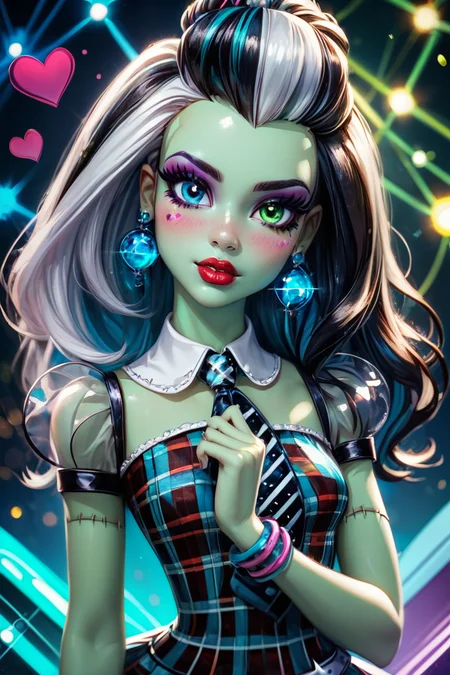 score_9, score_8_up, score_8, medium breasts, (curvy), cute, eyelashes, BREAK, , zzFrankie, heterochromia, blue eyes, green eyes, multicolored hair, aqua skin, streaked hair, black hair, white hair, long hair, stitches, jewelry, earrings, makeup, lipstick, plaid dress, skirt, bracelet, <lora:Frankie_MH_PDXL:1.0>, , BREAK, (ultra realistic,32k, masterpiece:1.2),(high detailed skin:1.1),( high quality:1.1), curvy, head tilt, hearts, blush, lips, closed mouth, curvy, head tilt, shiny clothes, (upper body), looking at viewer, bokeh, luminescent background, ,,, embedding:zPDXL, Expressiveh, ,,, <lora:RlAnmPDXL:1.0>,
