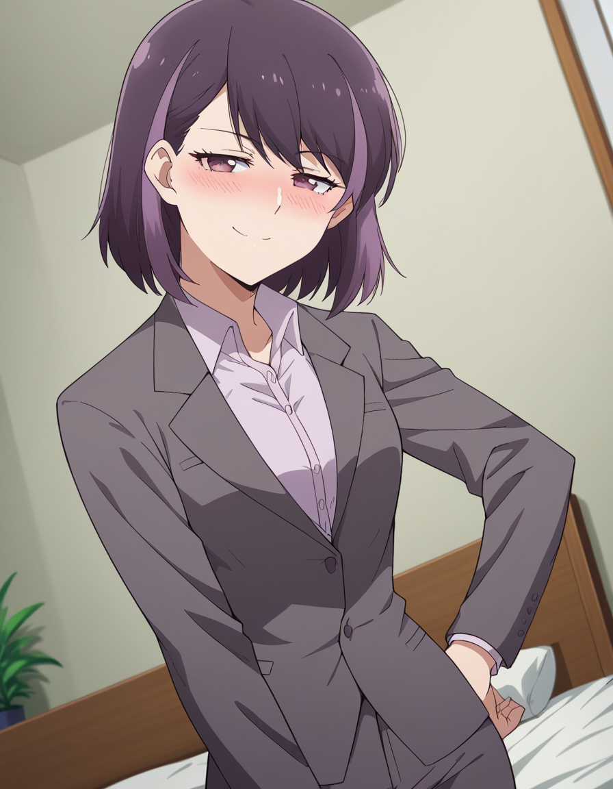 score_9, score_8_up, score_7_up, source_anime, <lora:rika-honjouji-alpha-ponyxl-lora-nochekaiser:1>, rika honjouji, short hair, bangs, purple hair, purple eyes, streaked hair, medium breasts,, shirt, jacket, white shirt, collared shirt, formal, suit, indoors, bed, bed room, on side, blush, drunk,, smile, looking at viewer, smug, hands on hips,, solo,, cowboy shot, dutch angle,