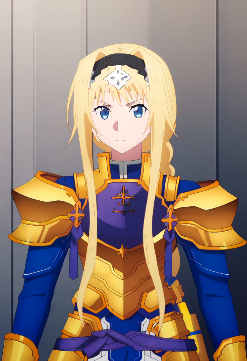 score_9,  <lora:alice_zuberg:1> alice zuberg, armor, blonde hair, braided ponytail, gold armor, hairband, long hair, shoulder armor, solo