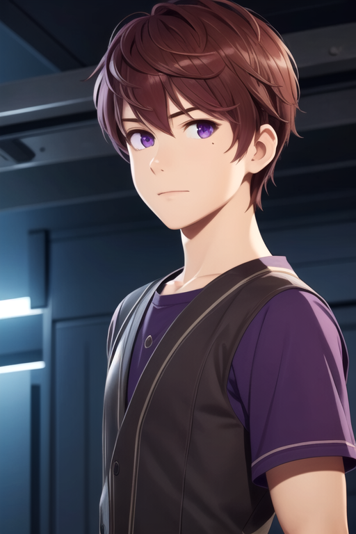 masterpiece, best quality, game cg, 1boy, solo, male focus, looking at viewer, upper body, depth of field, , realistic, <lora:iori_hashima:0.70>, iori_hashima, brown hair, purple eyes, galactic warrior costume, ,
