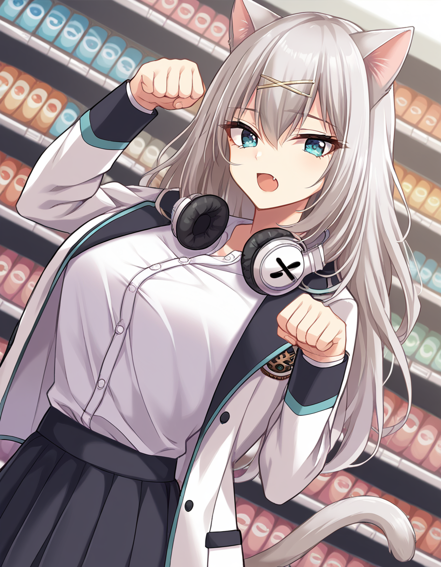 score_9, score_8_up, score_7_up, source_anime, <lora:aina-leminen-ingame-ponyxl-lora-nochekaiser:1>, aina leminen, long hair, bangs, blue eyes, large breasts, hair ornament, hair between eyes, hairclip, x hair ornament, grey hair,, skirt, shirt, long sleeves, school uniform, jacket, white shirt, pleated skirt, open clothes, miniskirt, black skirt, open jacket, dress shirt, white jacket,, music store, browsing records, headphones, vinyl collection, nostalgic, , <lora:paw-pose-ponyxl-lora-nochekaiser:1>, paw pose, cat ears, cat tail, animal ears, tail, cat girl, open mouth, fang, whiskers,, looking at viewer, solo,, dutch angle, cowboy shot