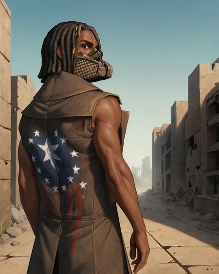score_9, score_8_up, score_7_up, rating_questionable, intricately detailed, high resolution,<lora:Ulysses_Fallout_New_Vegas:0.8>, realistic,
1boy(u1ysses, ulysses_coat, ulysses_mask, african, dark brown skin, black hair, dreadlocks, sleeveless, brown leather coat, bandolier, undershirt with holes, muscular, cowboy shot, solo, looking at viewer), ,
postapocalyptic wasteland, ruined city, ruins, outdoors,
back view,
<lora:ral-chrosc-clr:0.7>, ral-chrosc-clr,
<lora:Expressive_H:0.5>
<lora:xl_more_art-full_v1:0.3>,
<lora:add-detail-xl:0.3>