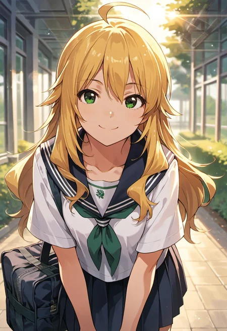 score_9, score_8_up, score_7_up, source_anime, hoshii miki, long hair, blonde hair, ahoge, green eyes, 1girl, school uniform, smile, solo, lens flare, serafuku, skirt, looking at viewer, bag, school bag, leaning forward