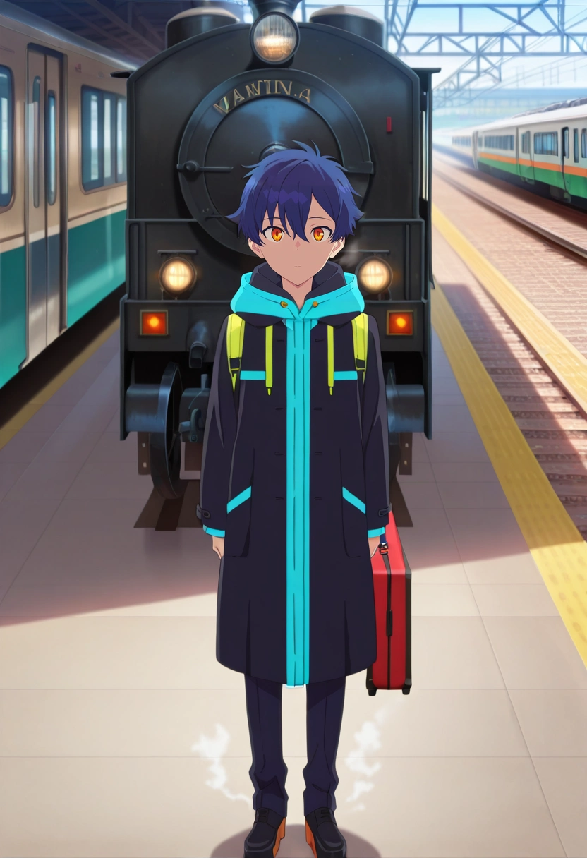 masterpiece, best quality, , anime screencap, , , , 1boy, solo, male focus, <lora:yomogi_asanaka_ilxl:0.92>, yomogi_asanaka, blue hair, orange eyes, short hair, bangs, hair between eyes, , , train station, steam locomotive, platform, luggage cart, waiting pose, anticipating expression, early morning,