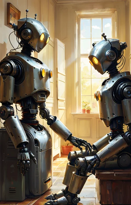 masterpiece,best quality,<lora:tbh334-sdxl:0.6>,illustration,style of Anato Finnstark portrait of Housework robots