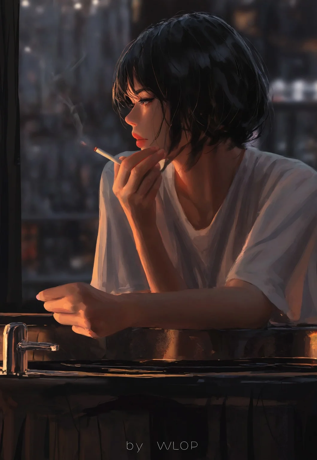 (newest, recent,:1.3), (guweiz, wlop, pluvium grandis), realistic, year_2024, year_2023, year_2022, year_2021,
absurdres, highres, best quality, masterpiece, very aesthetic,
himeno \(chainsaw man\), 1girl, black hair, cigarette, closed mouth, faucet, grey eyes, holding, holding cigarette, indoors, shirt, short hair, sink, solo, twitter username, white shirt