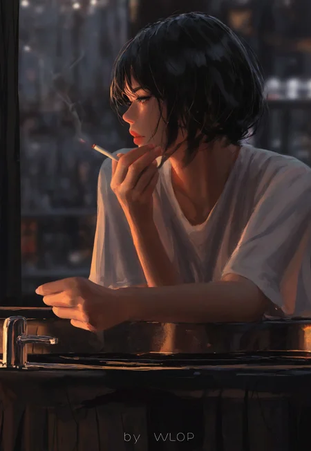 (newest, recent,:1.3), (guweiz, wlop, pluvium grandis), realistic, year_2024, year_2023, year_2022, year_2021,
absurdres, highres, best quality, masterpiece, very aesthetic,
himeno \(chainsaw man\), 1girl, black hair, cigarette, closed mouth, faucet, grey eyes, holding, holding cigarette, indoors, shirt, short hair, sink, solo, twitter username, white shirt