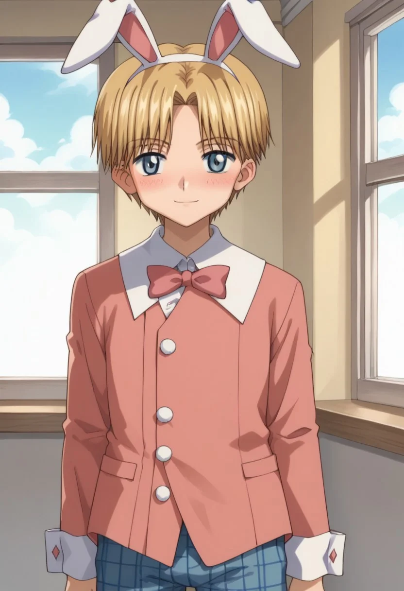 score_9, score_8_up, score_7_up, source_anime, highly detailed,
rukanogi, 1boy, solo, blonde hair, plaid, short hair, looking at viewer, plaid pants, blue eyes, polka dot, long sleeves, fake rabbit ears, blush, light smile
indoor, window,