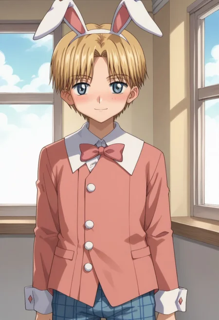 score_9, score_8_up, score_7_up, source_anime, highly detailed,
rukanogi, 1boy, solo, blonde hair, plaid, short hair, looking at viewer, plaid pants, blue eyes, polka dot, long sleeves, fake rabbit ears, blush, light smile
indoor, window,